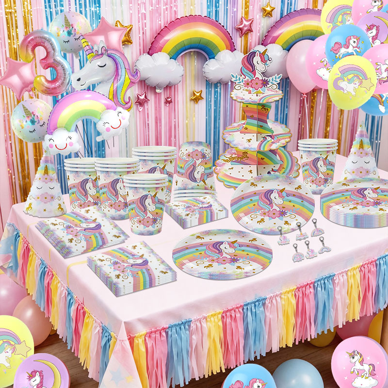 유니콘 테마 생일 장식 세트 무지개 일회용 식기류 접시 - Table Cloth Disposable 리뷰 및 가격